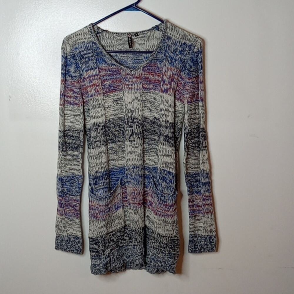 Poof Women's Striped v-neck Knitted Long sleeve with pockets Medium Dress. WARM